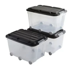 3 bacs de rangements à roulettes avec couvercle plastique Klipso 60L transparent/noir
