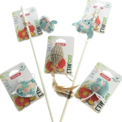 2 cannes à pêche tissu feuille vert et 3 jouets , jouet pour chat