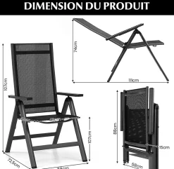 2 Chaise de Jardin Pliante Dossier Réglable en 7 Positions Accoudoirs Légère Portable en Alliage d Aluminium Maille Noir