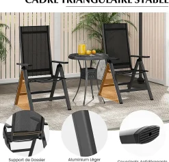 2 Chaise de Jardin Pliante Dossier Réglable en 7 Positions Accoudoirs Légère Portable en Alliage d Aluminium Maille Noir