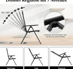 2 Chaise de Jardin Pliante Dossier Réglable en 7 Positions Accoudoirs Légère Portable en Alliage d Aluminium Maille Noir