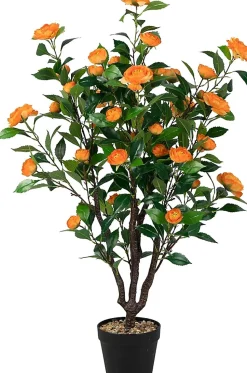 102 cm Camélia Artificiel en Pot de Ciment Fausse Plante Camélia avec 37 Fleurs Troncs épais et Galets de Pluie