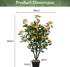 102 cm Camélia Artificiel en Pot de Ciment Fausse Plante Camélia avec 37 Fleurs Troncs épais et Galets de Pluie