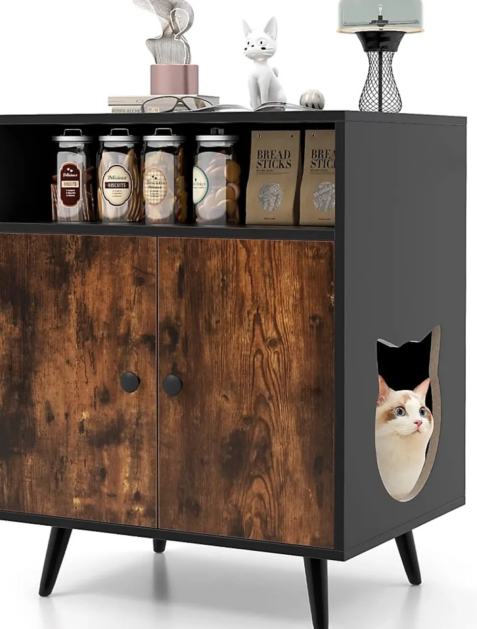 2 en 1 Armoire à Litière pour Chat Maison pour Chat avec Compartiment Ouvert Kits Anti-Éclaboussures
