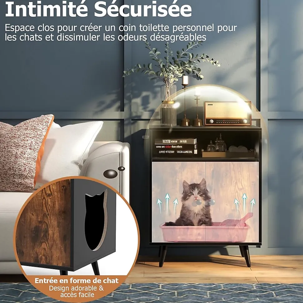 2 en 1 Armoire à Litière pour Chat Maison pour Chat avec Compartiment Ouvert Kits Anti-Éclaboussures