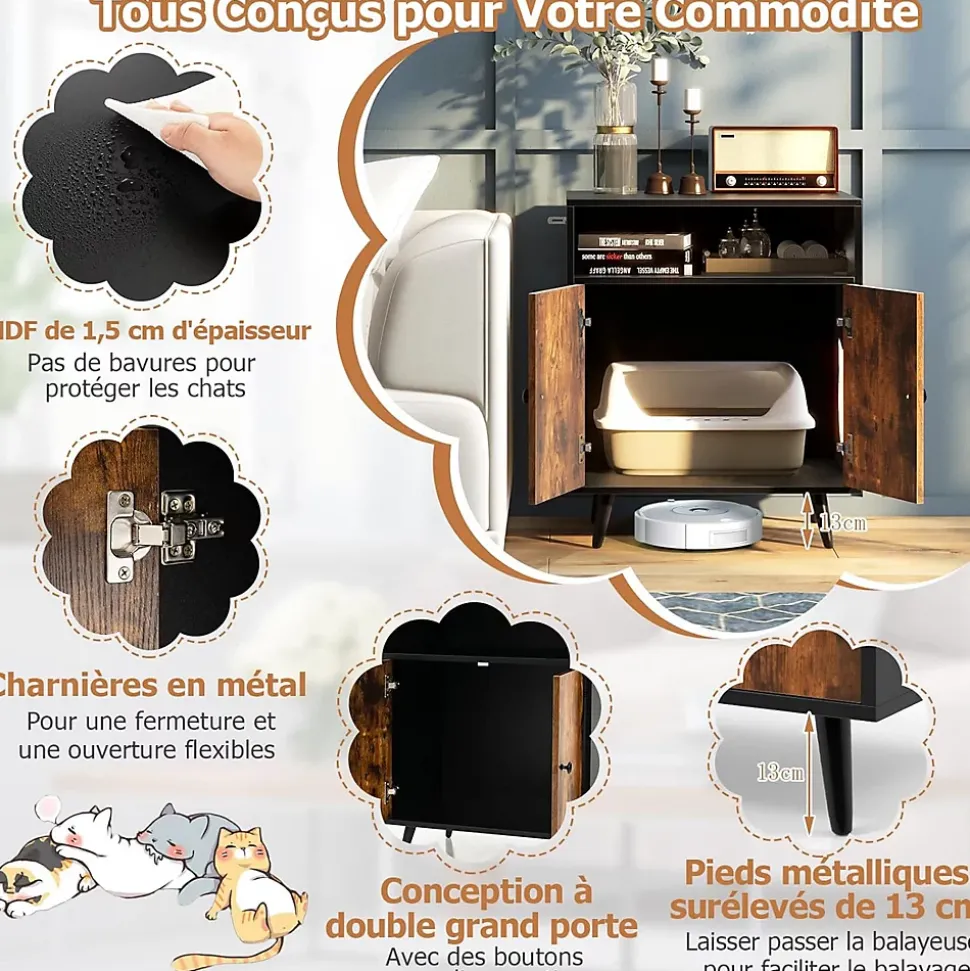 2 en 1 Armoire à Litière pour Chat Maison pour Chat avec Compartiment Ouvert Kits Anti-Éclaboussures