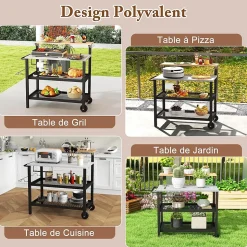2 en 1 Desserte Jardin Exterieur avec Plateau Rabattable, Desserte Plancha Barbecue 3 Niveaux 135+45+25KG,116x55x130CM
