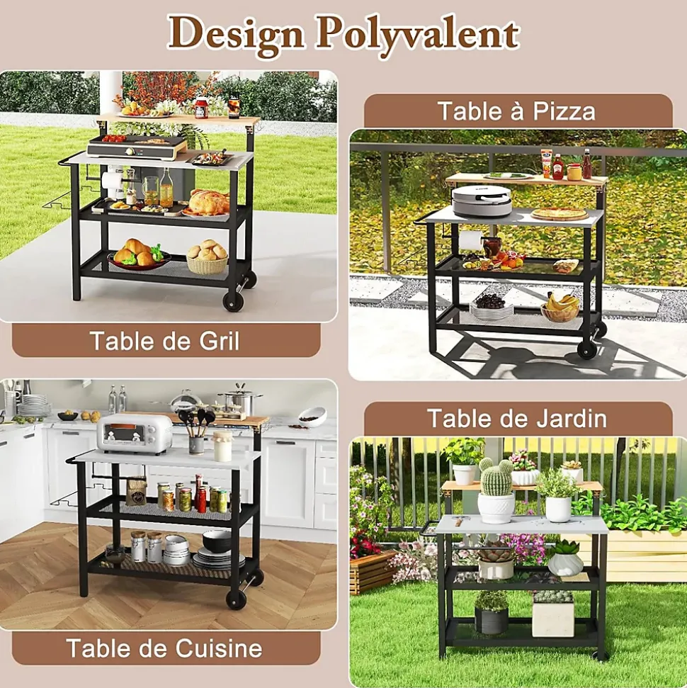 2 en 1 Desserte Jardin Exterieur avec Plateau Rabattable, Desserte Plancha Barbecue 3 Niveaux 135+45+25KG,116x55x130CM