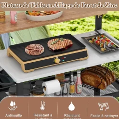 2 en 1 Desserte Jardin Exterieur avec Plateau Rabattable, Desserte Plancha Barbecue 3 Niveaux 135+45+25KG,116x55x130CM