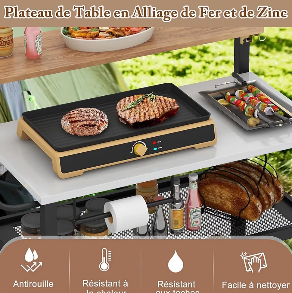 2 en 1 Desserte Jardin Exterieur avec Plateau Rabattable, Desserte Plancha Barbecue 3 Niveaux 135+45+25KG,116x55x130CM