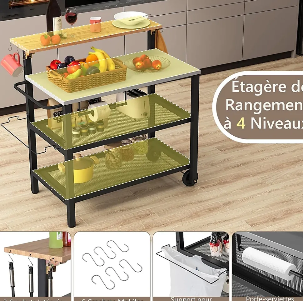 2 en 1 Desserte Jardin Exterieur avec Plateau Rabattable, Desserte Plancha Barbecue 3 Niveaux 135+45+25KG,116x55x130CM