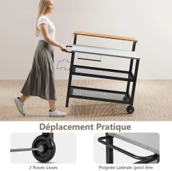 2 en 1 Desserte Jardin Exterieur avec Plateau Rabattable, Desserte Plancha Barbecue 3 Niveaux 135+45+25KG,116x55x130CM