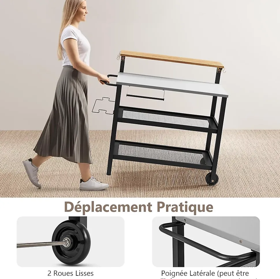 2 en 1 Desserte Jardin Exterieur avec Plateau Rabattable, Desserte Plancha Barbecue 3 Niveaux 135+45+25KG,116x55x130CM