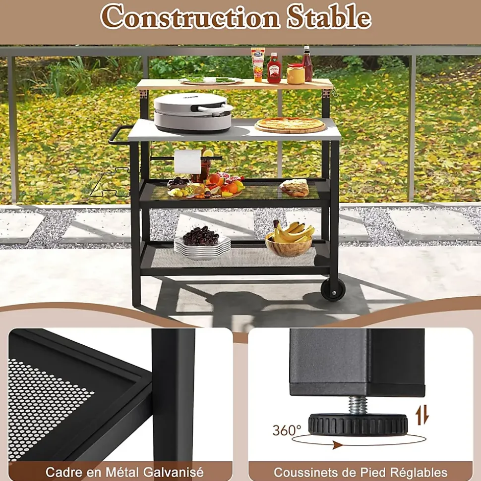 2 en 1 Desserte Jardin Exterieur avec Plateau Rabattable, Desserte Plancha Barbecue 3 Niveaux 135+45+25KG,116x55x130CM