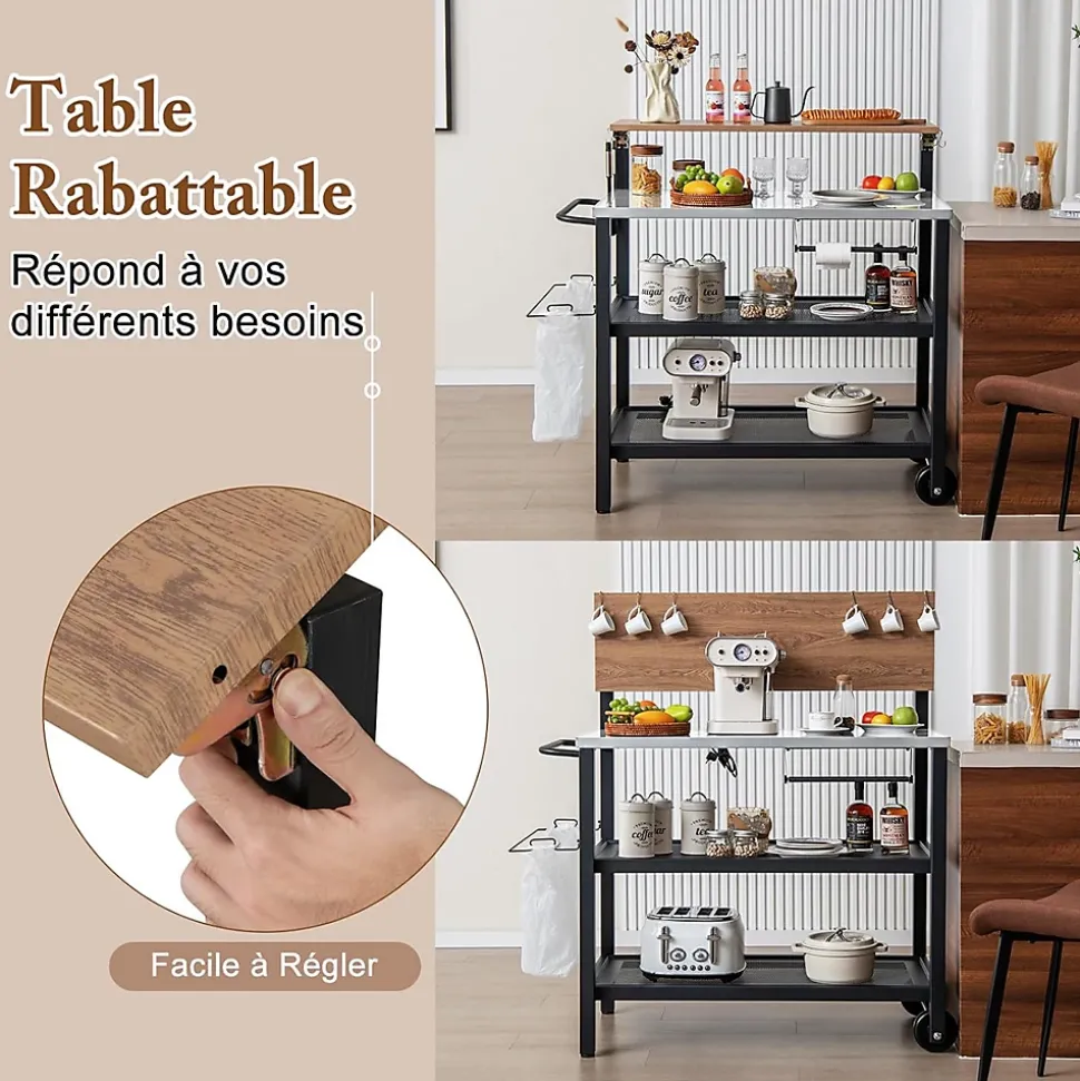 2 en 1 Desserte Jardin Exterieur avec Plateau Rabattable, Desserte Plancha Barbecue 3 Niveaux 135+45+25KG,116x55x130CM
