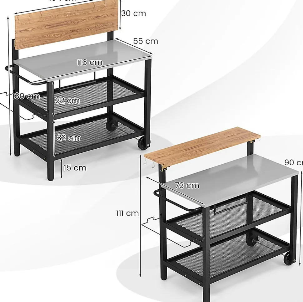 2 en 1 Desserte Jardin Exterieur avec Plateau Rabattable, Desserte Plancha Barbecue 3 Niveaux 135+45+25KG,116x55x130CM