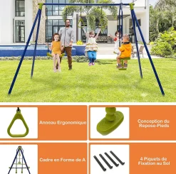 3 en 1 Ensemble de Portique et Balançoire 3 Agrès Charge 200kg Tape Suspendu 2 Anneaux de Gymnastique 177cm H