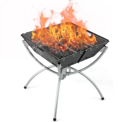 3 en 1 Foyer à Bois Pliable Extérieur, Basero Barbecue de Camping Pliable pour Cuisine en Plein airGrilles, 45 x 45 x 49 cm