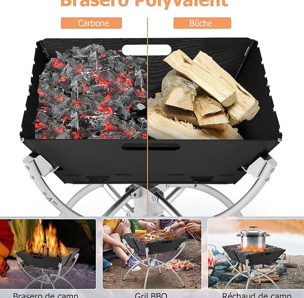 3 en 1 Foyer à Bois Pliable Extérieur, Basero Barbecue de Camping Pliable pour Cuisine en Plein airGrilles, 45 x 45 x 49 cm