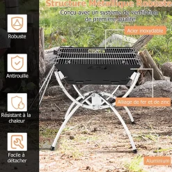 3 en 1 Foyer à Bois Pliable Extérieur, Basero Barbecue de Camping Pliable pour Cuisine en Plein airGrilles, 45 x 45 x 49 cm