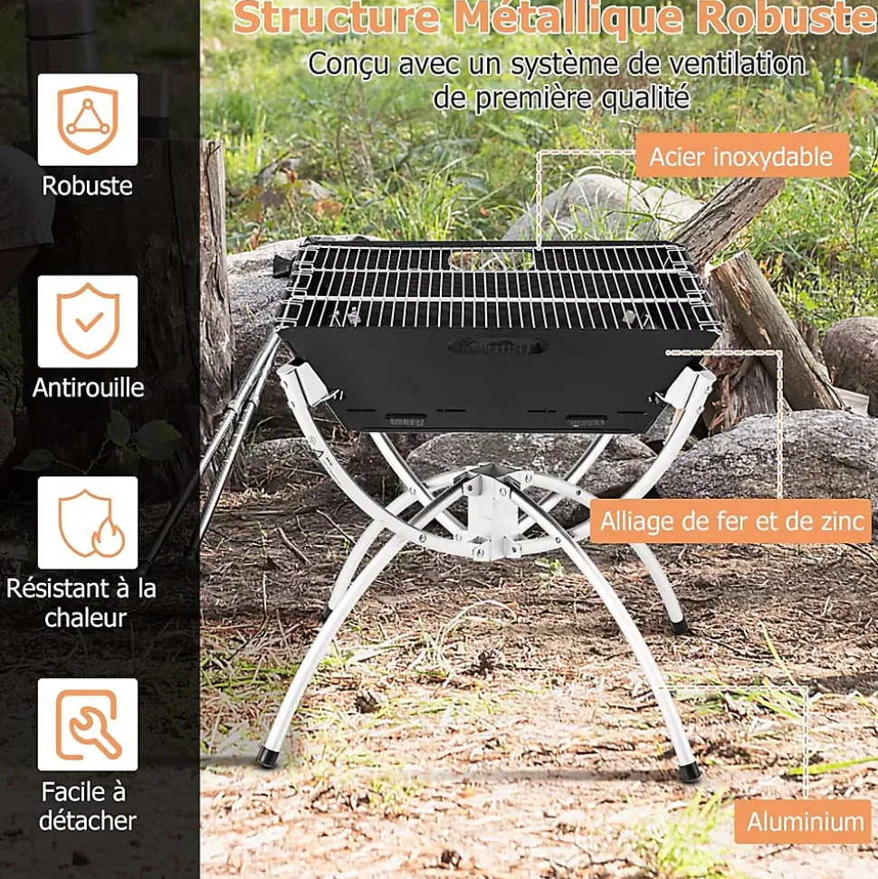 3 en 1 Foyer à Bois Pliable Extérieur, Basero Barbecue de Camping Pliable pour Cuisine en Plein airGrilles, 45 x 45 x 49 cm