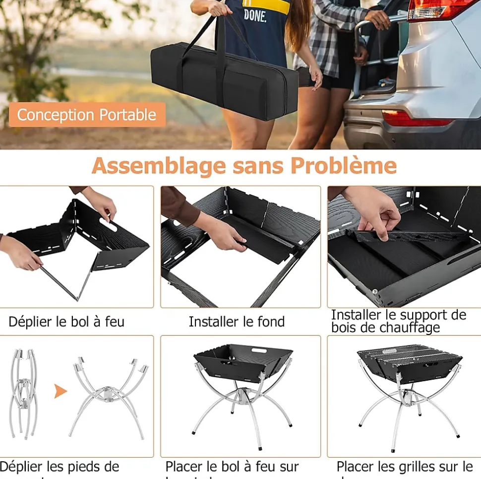 3 en 1 Foyer à Bois Pliable Extérieur, Basero Barbecue de Camping Pliable pour Cuisine en Plein airGrilles, 45 x 45 x 49 cm