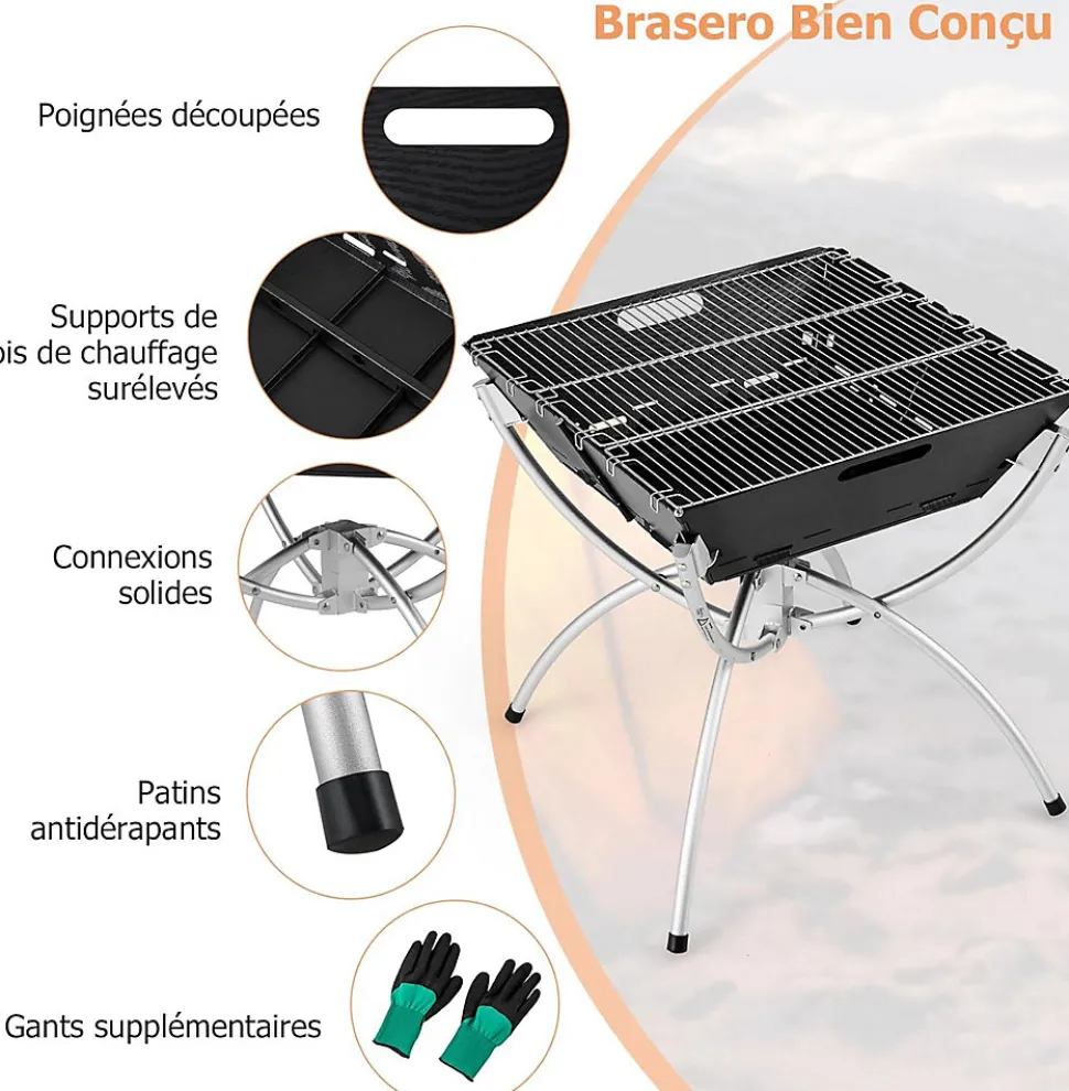 3 en 1 Foyer à Bois Pliable Extérieur, Basero Barbecue de Camping Pliable pour Cuisine en Plein airGrilles, 45 x 45 x 49 cm