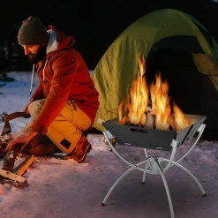 3 en 1 Foyer à Bois Pliable Extérieur, Basero Barbecue de Camping Pliable pour Cuisine en Plein airGrilles, 45 x 45 x 49 cm