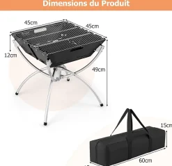 3 en 1 Foyer à Bois Pliable Extérieur, Basero Barbecue de Camping Pliable pour Cuisine en Plein airGrilles, 45 x 45 x 49 cm