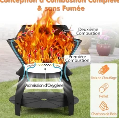 3 en 1 Foyer Extérieur 50 x 58 CM,avec Cendrier et Anneau Amovible, Combustion Complète et Sans Fumée, pour Camping, Barbecue