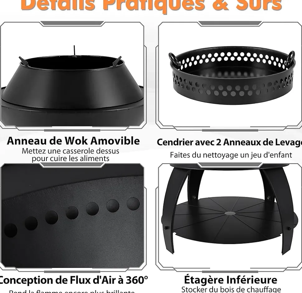 3 en 1 Foyer Extérieur 50 x 58 CM,avec Cendrier et Anneau Amovible, Combustion Complète et Sans Fumée, pour Camping, Barbecue
