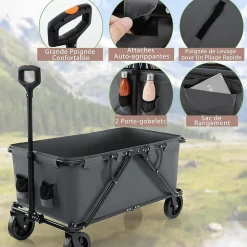 170 L Chariot de Transport Pliable avec Guidon Réglable, Porte-Bouteilles et Poche de Rangement,Pliable,Charge 100KG (Gris)