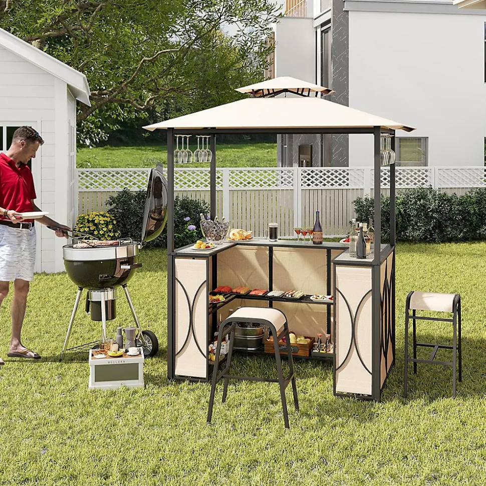 3 Pcs Abri Barbecue avec Bar Extérieur Table de Bar en Verre Trempé 2 Tabourets Porte Verres Abri de Grill Double Toit
