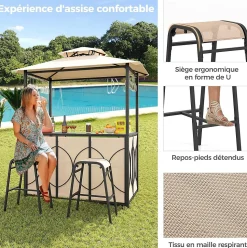 3 Pcs Abri Barbecue avec Bar Extérieur Table de Bar en Verre Trempé 2 Tabourets Porte Verres Abri de Grill Double Toit