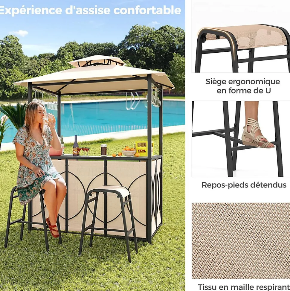3 Pcs Abri Barbecue avec Bar Extérieur Table de Bar en Verre Trempé 2 Tabourets Porte Verres Abri de Grill Double Toit