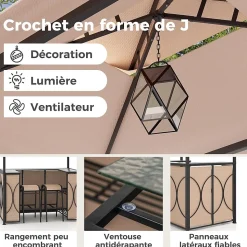 3 Pcs Abri Barbecue avec Bar Extérieur Table de Bar en Verre Trempé 2 Tabourets Porte Verres Abri de Grill Double Toit