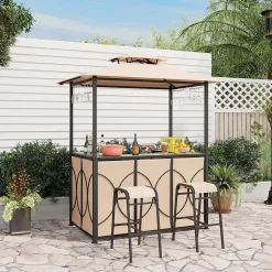 3 Pcs Abri Barbecue avec Bar Extérieur Table de Bar en Verre Trempé 2 Tabourets Porte Verres Abri de Grill Double Toit