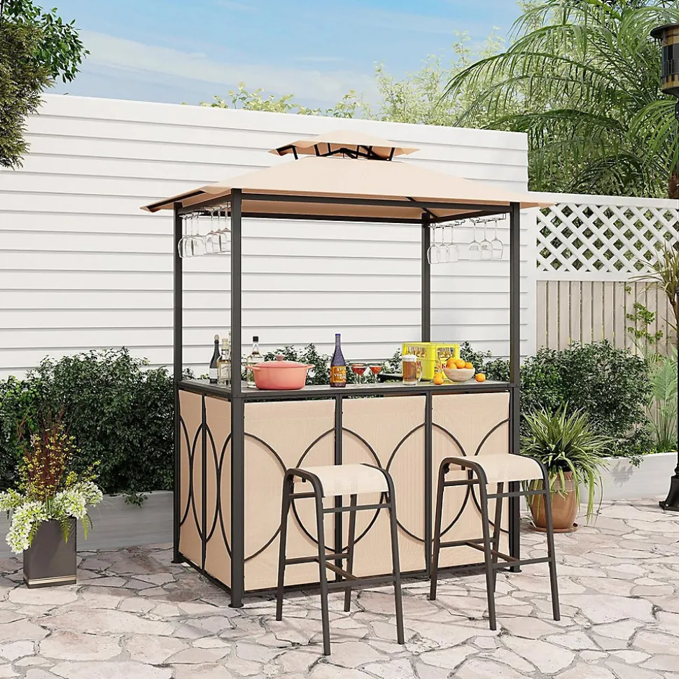 3 Pcs Abri Barbecue avec Bar Extérieur Table de Bar en Verre Trempé 2 Tabourets Porte Verres Abri de Grill Double Toit