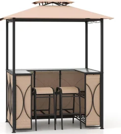 3 Pcs Abri Barbecue avec Bar Extérieur Table de Bar en Verre Trempé 2 Tabourets Porte Verres Abri de Grill Double Toit