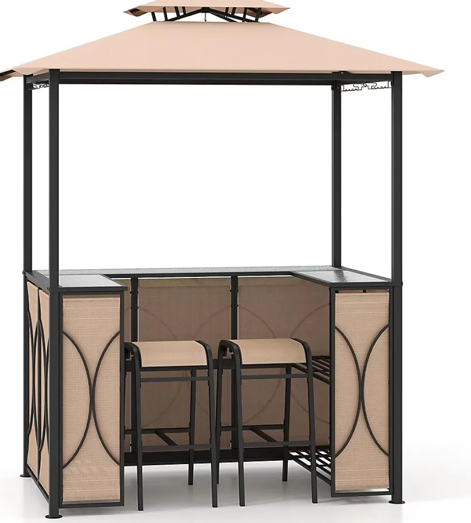 3 Pcs Abri Barbecue avec Bar Extérieur Table de Bar en Verre Trempé 2 Tabourets Porte Verres Abri de Grill Double Toit