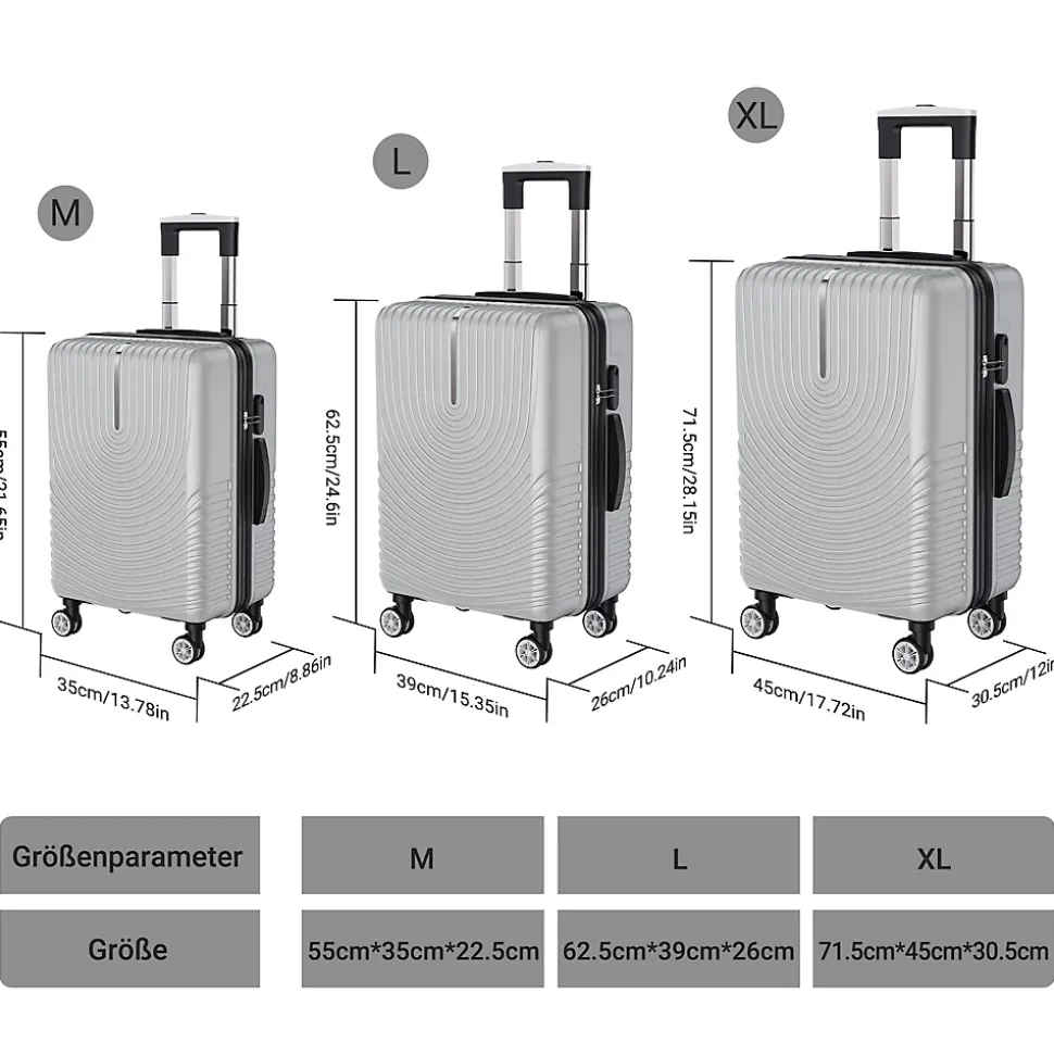 3 Tailles De Bagages à Coque Rigide Avec Serrure à Combinaison, Roulettes Pivotantes