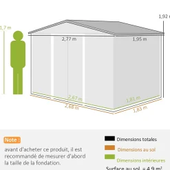 Abri de jardin - cabanon double porte coulissante - fondation incluse - dim. 277 x 191 x 192 cm - tôle d'acier ondulée vert clair