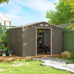 Abri de jardin - cabanon double porte coulissante, fondation incluse - 277 x 191 x 192 cm - tôle d'acier ondulée effet bois