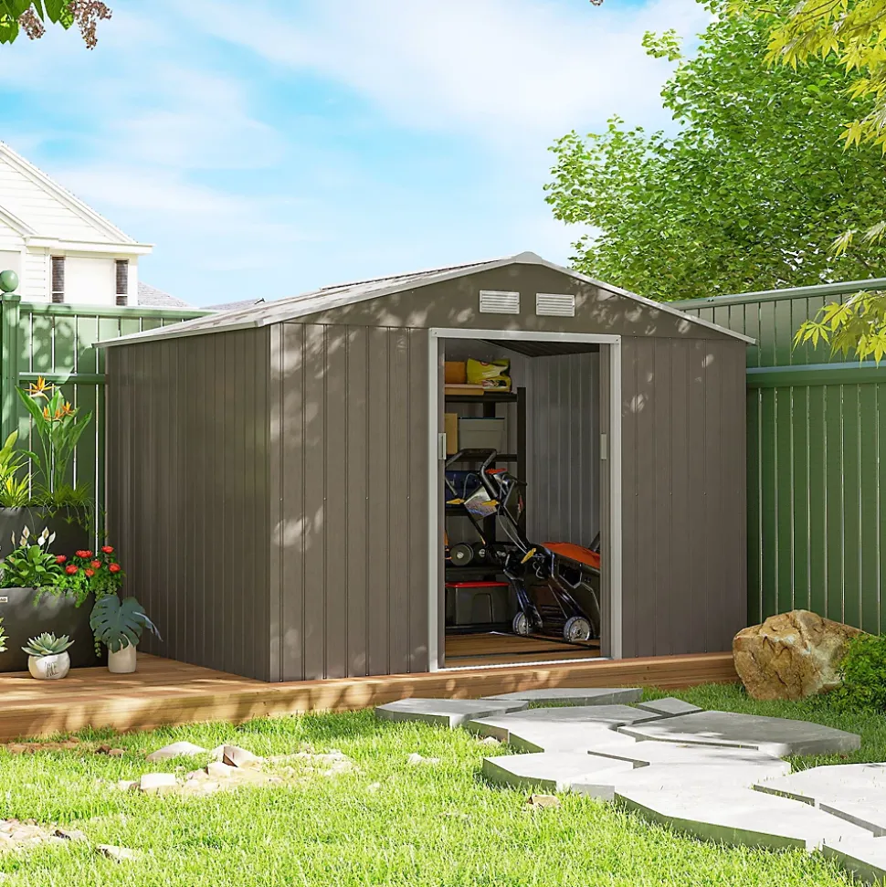 Abri de jardin - cabanon double porte coulissante, fondation incluse - 277 x 191 x 192 cm - tôle d'acier ondulée effet bois