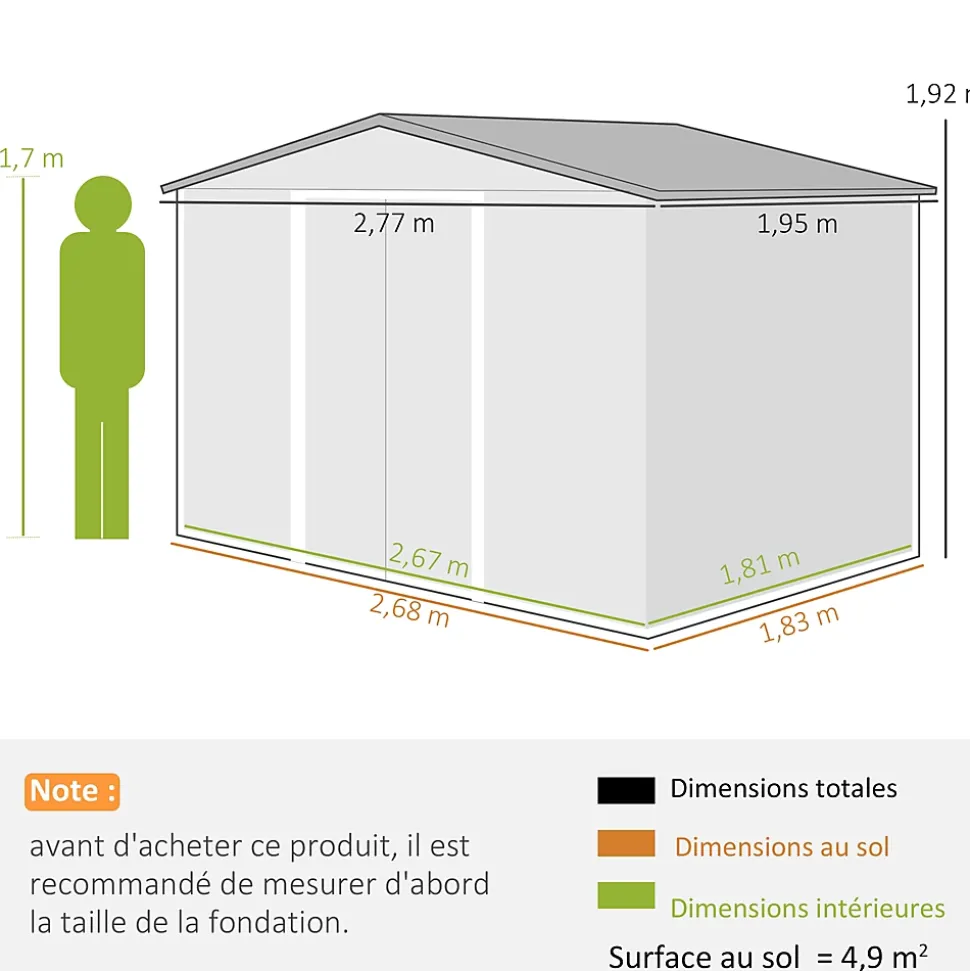 Abri de jardin - cabanon double porte coulissante, fondation incluse - 277 x 191 x 192 cm - tôle d'acier ondulée effet bois