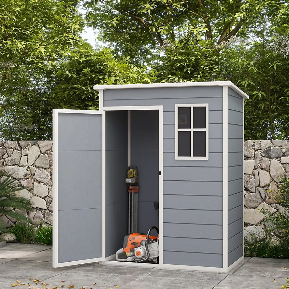 Abri de jardin - remise pour outils - cabanon porte verrouillable, fenêtre - dim. 151L x 92l x 193H cm - alu PP gris blanc