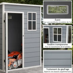 Abri de jardin - remise pour outils - cabanon porte verrouillable, fenêtre - dim. 151L x 92l x 193H cm - alu PP gris blanc