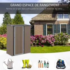 Abri de jardin - remise pour outils - cabanon porte verrouillable - dim. 142L x 84l x 189H cm - tôle d'acier marron blanc