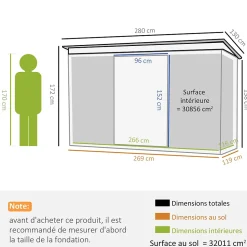 Abri de jardin - remise pour outils - cabanon portes verrouillables - dim. 2,8L x 1,3l x 1,72H m - tôle d'acier gris noir