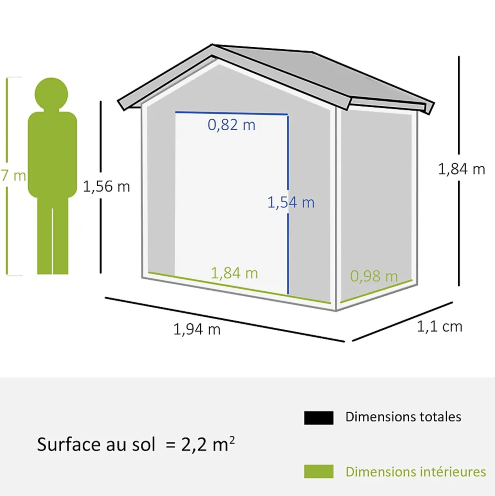 Abri de jardin - remise pour outils - cabanon porte verrouillable - dim. 194L x 110l x 184H cm - tôle d'acier gris